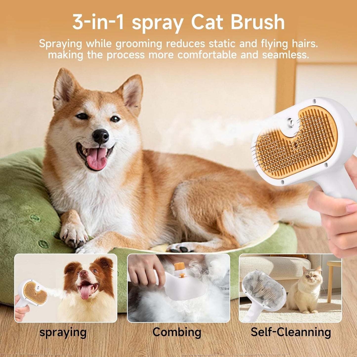 3-in-1 spray cat brush with a dog and cat shown using it, on a light brown background.
