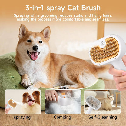 3-in-1 spray cat brush with a dog and cat shown using it, on a light brown background.